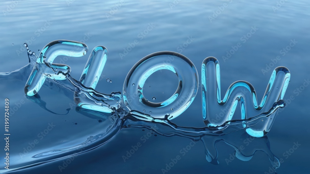 Poster the word flow formed by water floats on the surface of a tranquil blue body of water creating a mesm