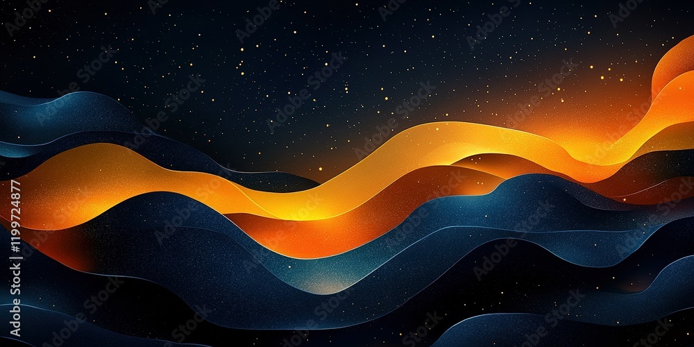 Poster vibrant abstract waves in a cosmic setting with warm and cool color gradients reflecting motion and 
