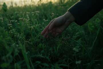 Gentle touch of nature hand reaching for wildflowers in a lush green field at sunset