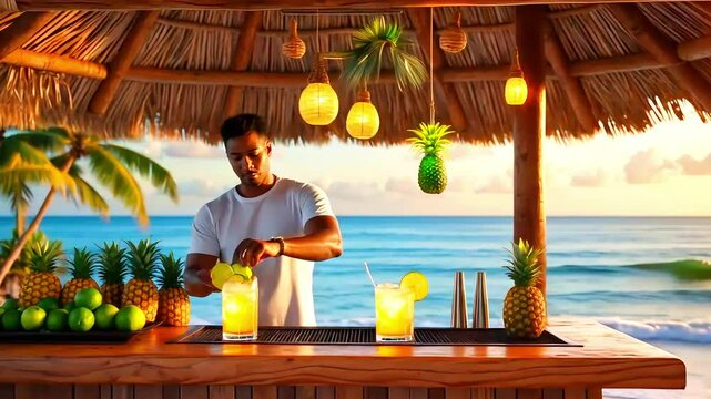 Bartender Making Cocktails at a Tropical Beach Bar