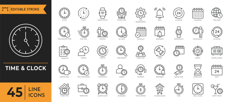 Time & Clock icon set. Containing Clock, Timer, alarm, schedule, hourglass, and more, Vector illustration