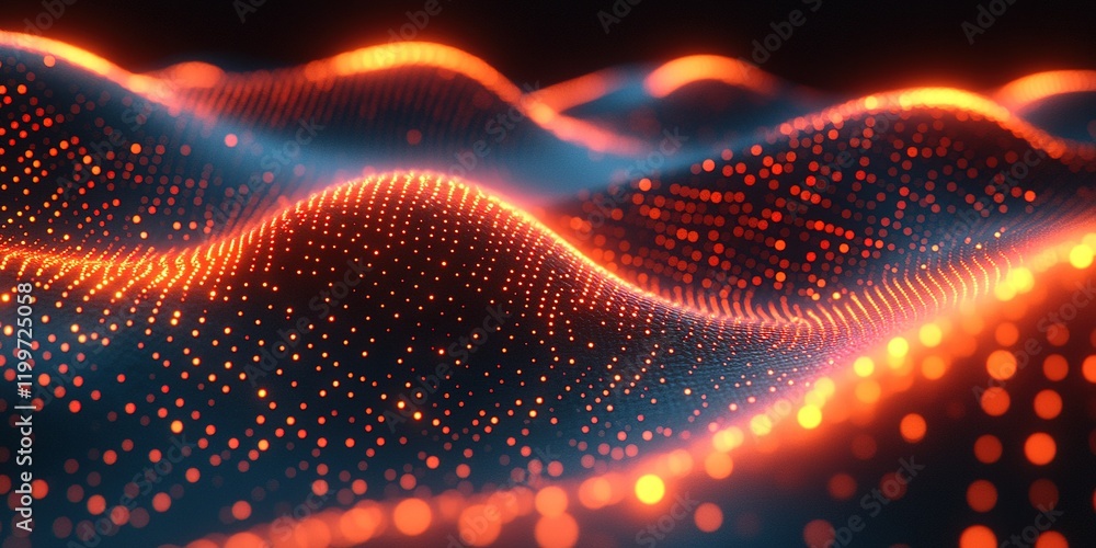 Poster abstract wave patterns with glowing lights create dynamic visual movement in a digital landscape