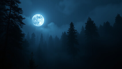 Trees in fog under a moon.