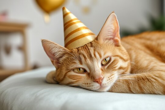 Cat wearing party hat relaxing on a couch during a birthday celebration at home
