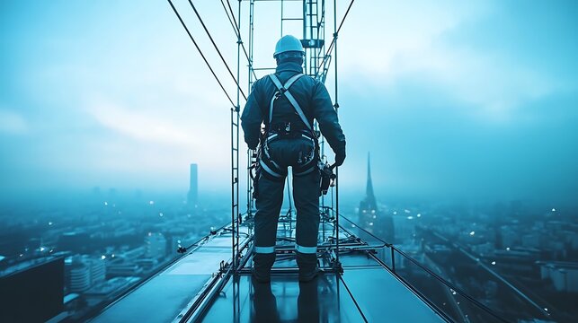 Industrial photography rooftop worker inspecting skyscraper at dawn