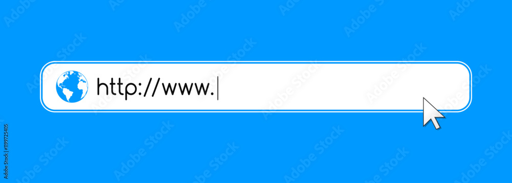 Poster address, navigation and search bar with http and www url text on a blue background.