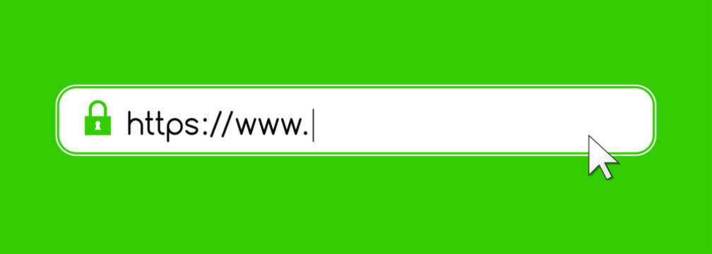 Address and navigation bar with https and www url text as secure connection and safe encrypted communication concept on a green background