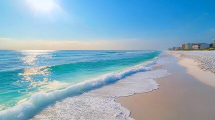 Sunny Beach Waves Rolling Onto White Sand Shore