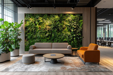 Organic fresh greenery living or office spaces, wall with decorative moss armchairs and table. Generic concept image of decorative moss that is used for interior design.	