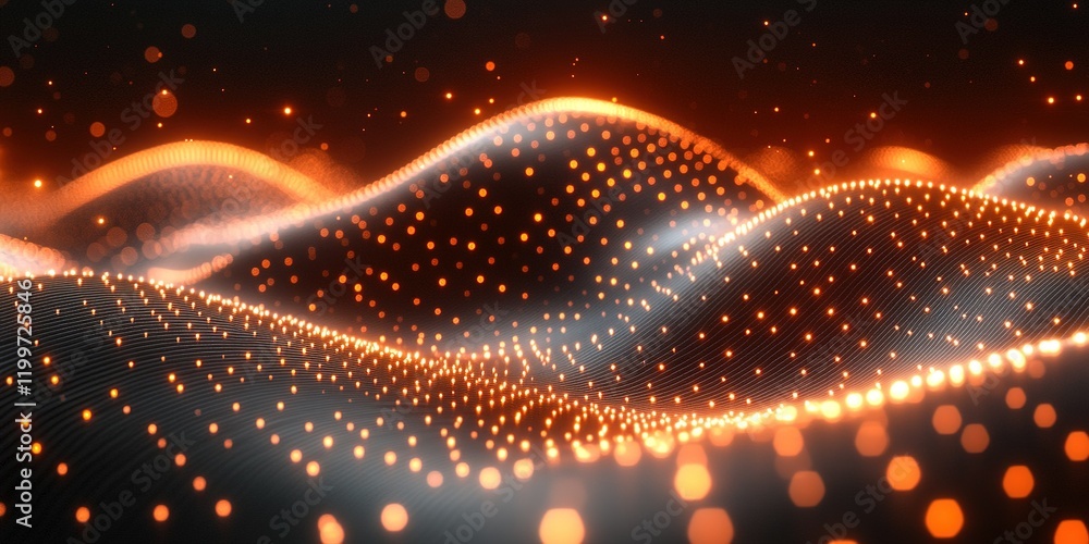 Poster dynamic patterns of glowing particles create waves of light in a dark background during an abstract 