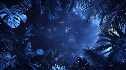 Vibrant tropical foliage plants in shades of blue floating against a deep space backdrop, blending natural beauty with the vastness of the cosmos.
