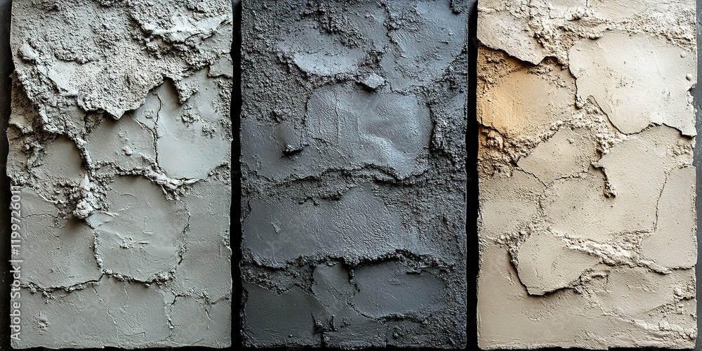Poster textures of artisan plaster displayed on three samples showcasing variations in color and finish