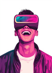 Asian man in VR glasses virtual reality creative. A person joyfully wearing virtual reality goggles in a vibrant, colorful style.