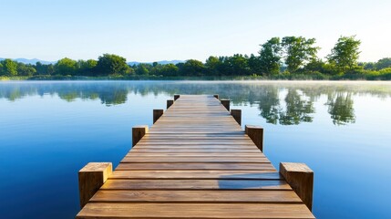 Obraz premium Serene Lake at Dawn with a Wooden Pier and Calm Waters Reflecting Nature’s Beauty