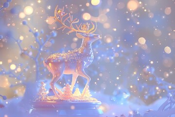 Holy light, crystal white deer, very detailed 3d animation,super clear, transparent, focusing light, optics, realism, Ribbon Christmas bell ornamentsred podium, pale violet background 