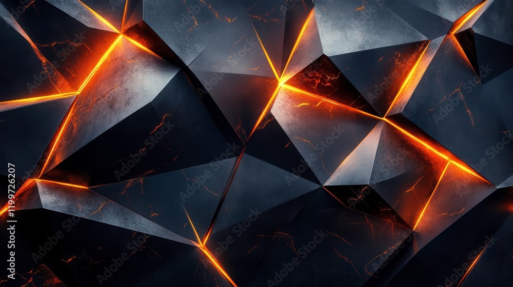 Poster a striking abstract background featuring angular black surfaces illuminated by glowing orange lines,