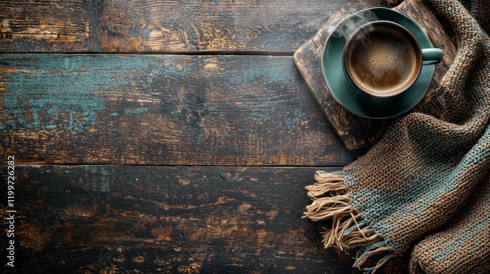 Aufkleber a steaming mug of rich coffee rests on a weathered wooden surface, surrounded by a soft blanket. the