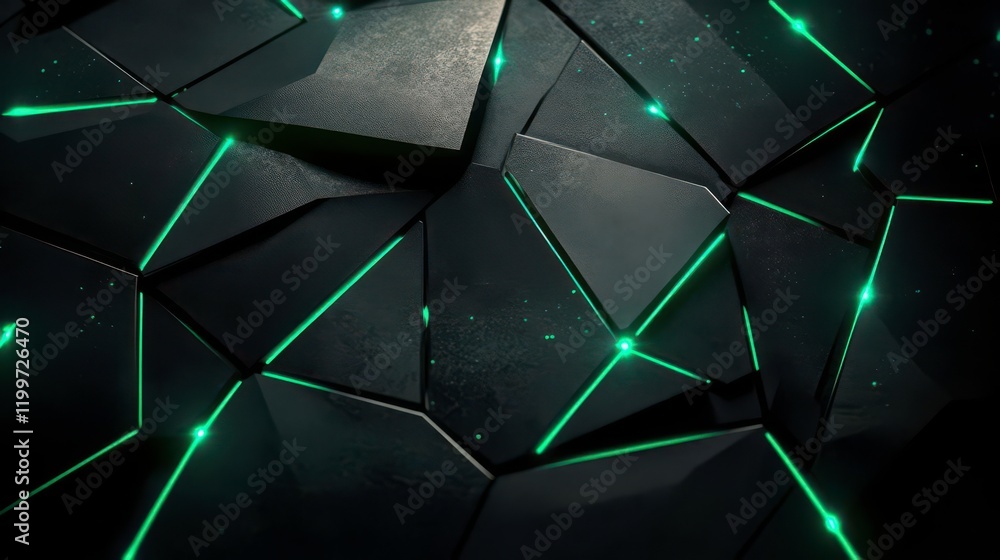 Poster a dark, textured surface with angular shapes and glowing green lines, creating a futuristic and abst