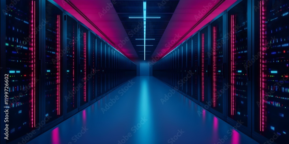 Aufkleber a modern server room with rows of servers illuminated by colorful neon lights, creating a futuristic