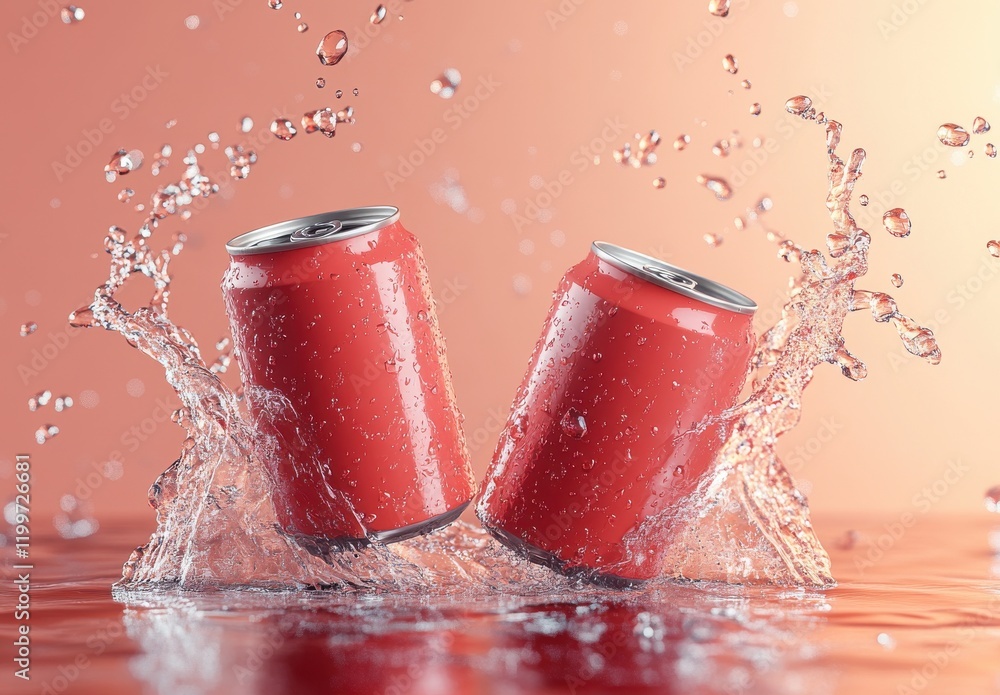 Poster refreshing red beverage cans splashing in crystal clear water with droplets creating a dynamic and i