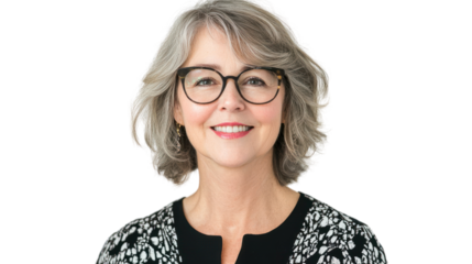 Confident woman with glasses and stylish hair, smiling at the camera. Professional portrait showcasing a positive and approachable demeanor.