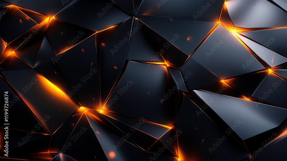 Poster a vibrant abstract background featuring angular black shapes with glowing orange highlights, creatin
