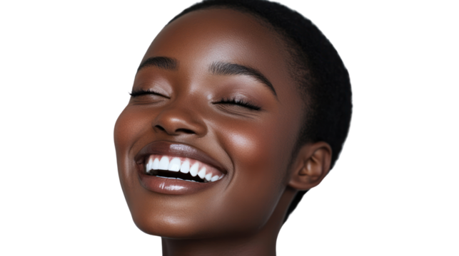 A joyful woman with a radiant smile, showcasing happiness and positivity against a clear background.