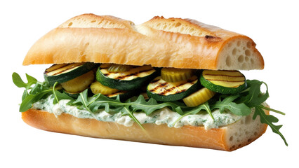 Grilled Zucchini and Arugula Sandwich with Herb Spread on Fresh Baguette, isolated on transparent background, White background.