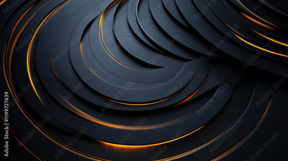 Poster a close-up view of layered dark circular shapes illuminated with warm orange highlights, creating a 