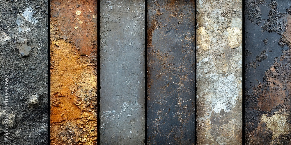 Poster varied textures of corroded metal and rust patterns presented in a row showcasing industrial decay