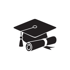 A black graduation cap and diploma icon