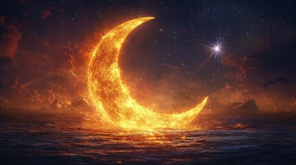 Fiery crescent moon above fiery ocean, starry night.
