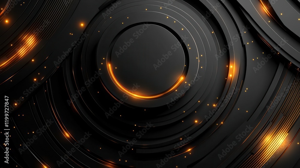 Poster a modern abstract design featuring circular patterns in black and glowing orange accents, evoking a 