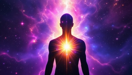 Fototapeta premium Silhouette with Radiant Light Against Vibrant Cosmic Background