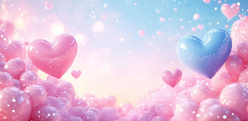 Valentine's Day background, soft pink and blue hearts, soft glow effect, gradient sky with stars, dreamy atmosphere, pastels, cute, light pink halo effect around the heart, pink fluffy clouds, glitter
