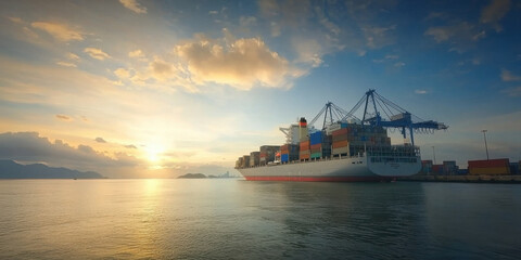 Naklejka premium Cargo ship at sunset with colorful containers and cranes