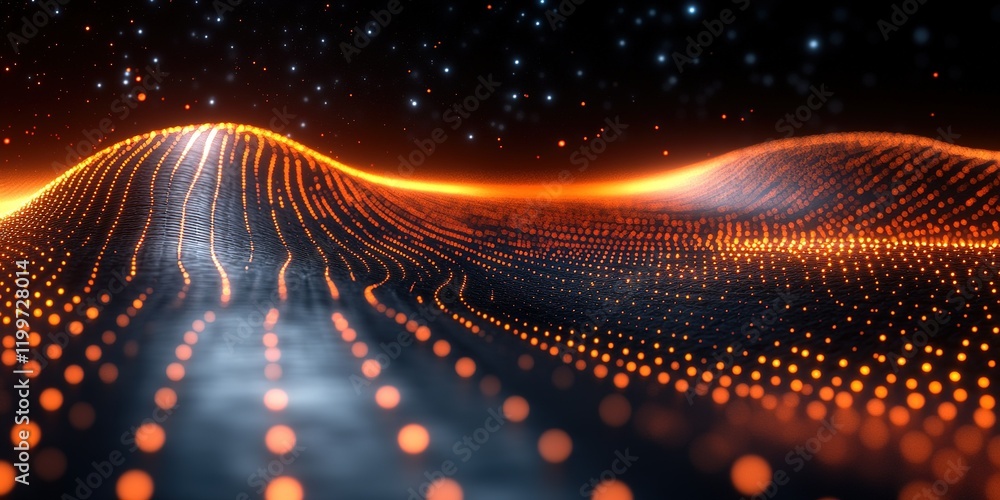 Poster dynamic wave of glowing particles creating vibrant patterns in a dark abstract landscape