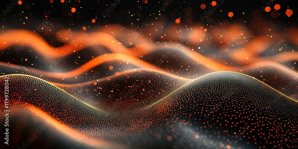 Poster abstract representation of flowing waves with orange and black colors creating a dynamic background