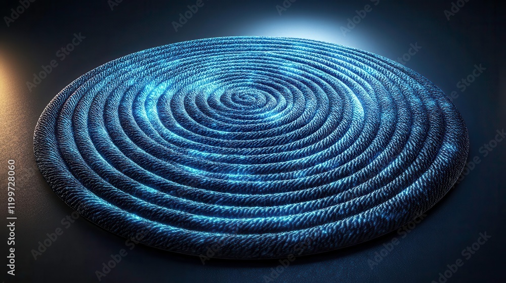 Poster a circular, textured blue object with concentric spirals, illuminated by soft light, creating a visu