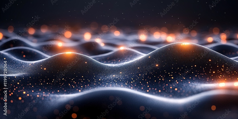 Poster mesmerizing abstract landscape of glowing waves with sparkling particles at night