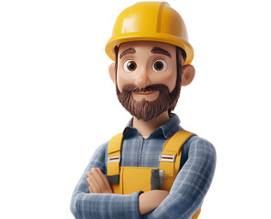 3D character of an engineer man wearing a yellow helmet. Transparent background. Cutout