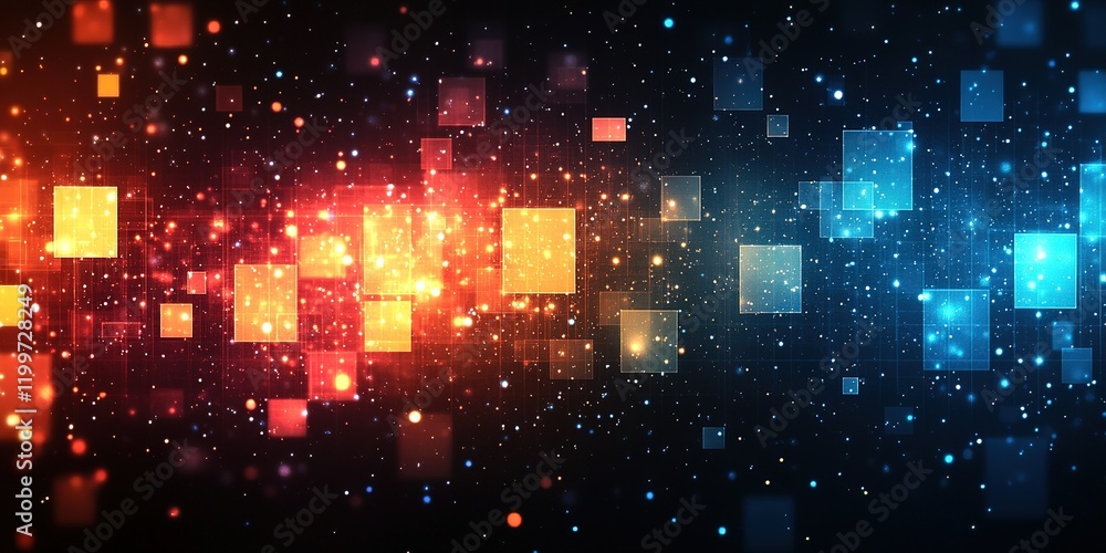 Poster colorful abstract light patterns fill the background, creating a vibrant digital atmosphere of movem