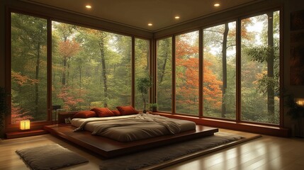 Fototapeta premium Cozy bedroom with large windows and soft lighting - generated AI