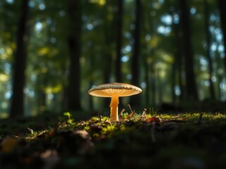 Fototapeta premium A solitary luminous mushroom cap glowing softly in the dappled light filtering through the forest canopy, nature, fungi