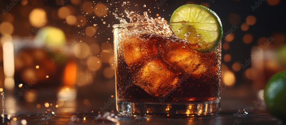 Poster refreshing sparkling drink with ice cubes and lime slice, captured in a dynamic moment of splashing 