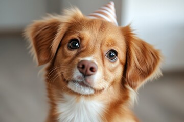 Cute dog wearing a party hat celebrates its birthday at home with a joyful expression and excited eyes