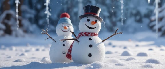 Fototapeta premium A snowman playing in the snow with a group of playful snowflakes and icicles, laughing and having fun, joyful, playful, whimsical