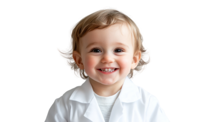 A cheerful young child wearing a white lab coat, smiling brightly against a white isolated background.