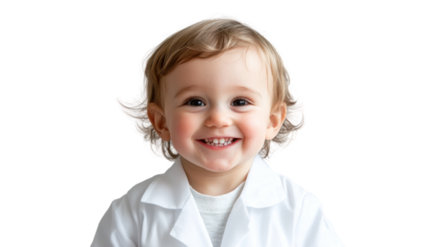 A cheerful young child wearing a white lab coat, smiling brightly against a white isolated background. - Powered by Adobe
