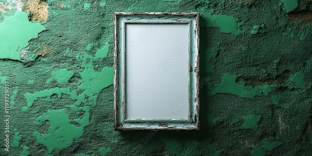 Poster empty frame hangs on a textured green wall in an artistic display during the daytime